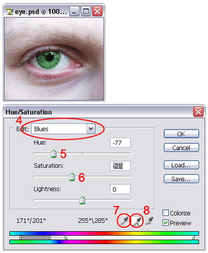 Changing the color of an eye