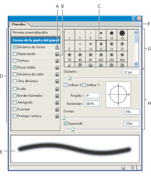 Ilustración de la paleta Pinceles con las opciones Forma de la punta del pincel con los elementos siguientes: A. Bloqueado B. No bloqueado C. Punta del pincel seleccionada D. Ajustes de pincel E. Previsualización de trazos de pincel F. Menú emergente G. Formas de punta de pincel (disponibles cuando la opción Forma de la punta del pincel está seleccionada) H. Opciones de pincel