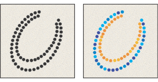 Trazos de pincel sin (izquierda) y con dinámica de color (derecha)
