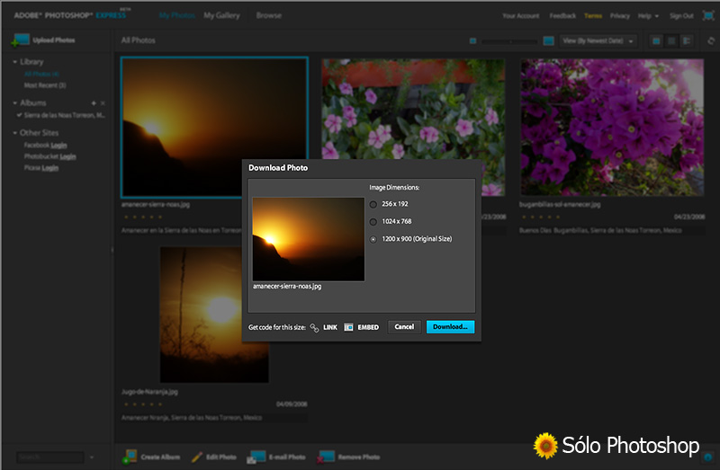 Photoshop Express. Descarga y Acceso a tus fotos desde otros sitios Web con sistemas como Enlace, Embed o Descarga directa.