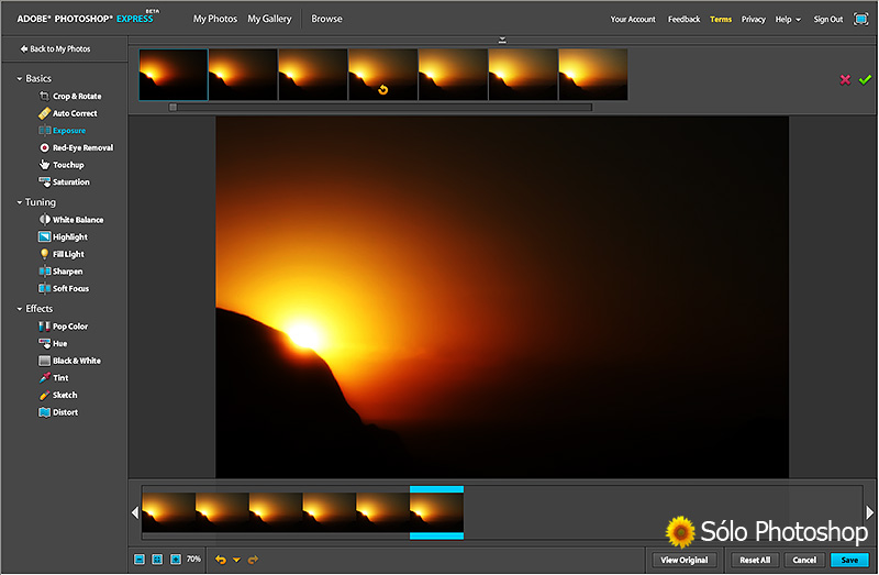 Photoshop Express: Opciones de Edición: Exposición.