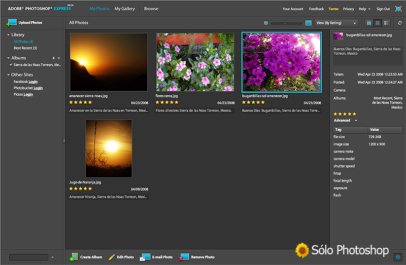 Photoshop Express: Navegador de imágenes con Columna de Datos de Imagen