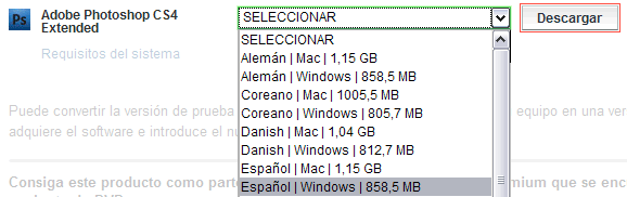 Seleccionar versión para descargar del photoshop cs4