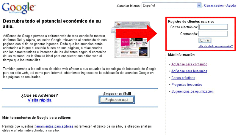 Registrese e Ingrese a Adsense