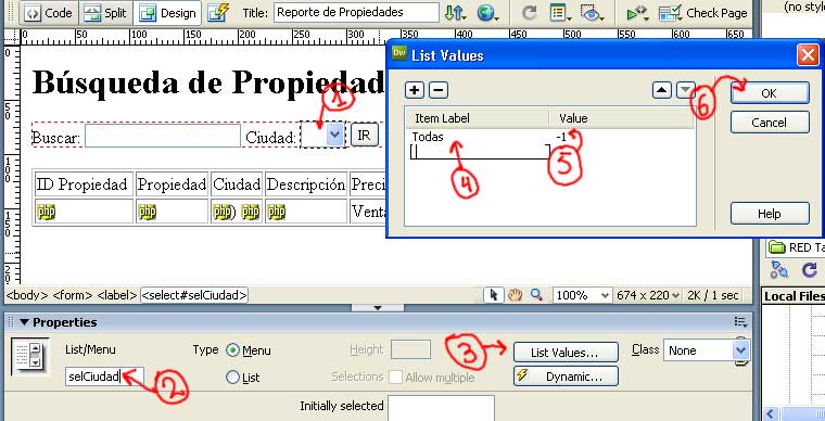 Propiedades de la Lista Desplegable