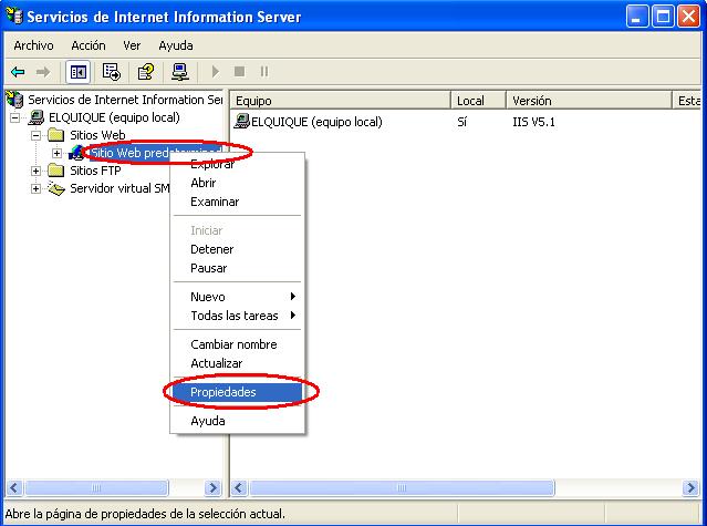 Propiedades de Sitio Web Predeterminado