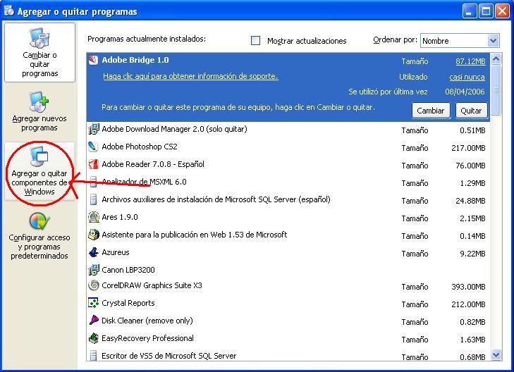 Agregar Quitar Componentes de Windows