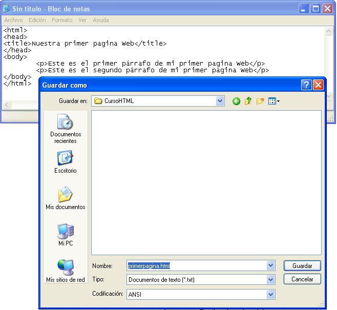 Archivo Guardar Como Primer Pagina HTML