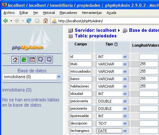 Crear Tabla Propiedades